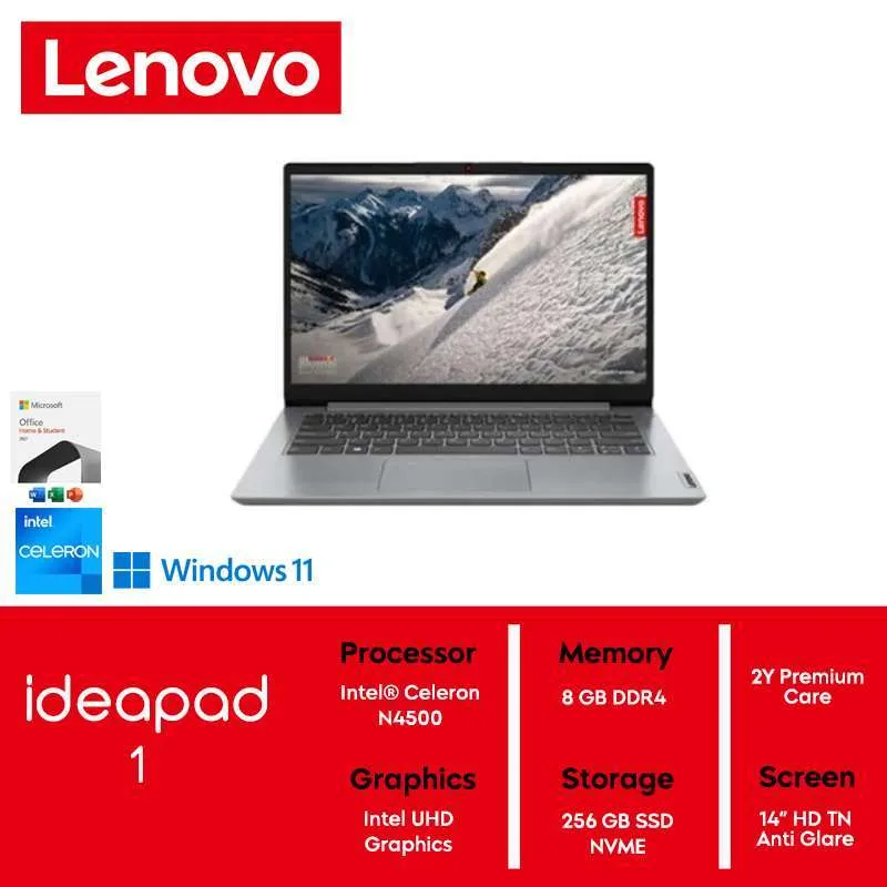 Lenovo IdeaPad Slim 1 Intel Celeron N4500 8GB SSD 256GB 14″ W11+OHS CLOUD GREY - Gambar 1